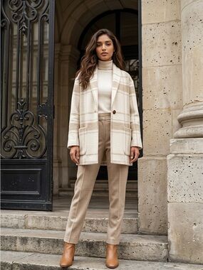 Wilfred Free Plaid Part Wool Coat Cream Tan Classic Jacket-M